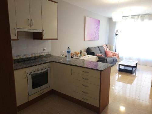 a kitchen with a counter top and a living room at Los Tejados de Laurel in Logroño