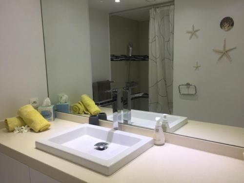 a bathroom with a sink and a mirror at Studio de Luxe TIARE Orient Bay Citerne in Orient Bay