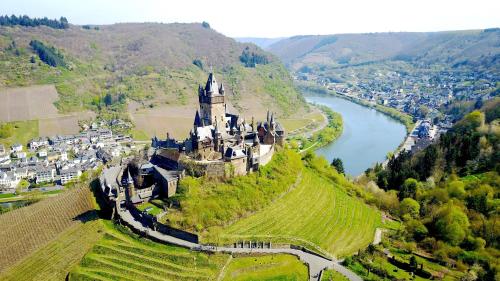a castle on a hill next to a river at Ferienwohnung Scheid in Lahr