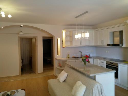 a kitchen and living room with a couch and a table at kostas apartment in Vlikhón