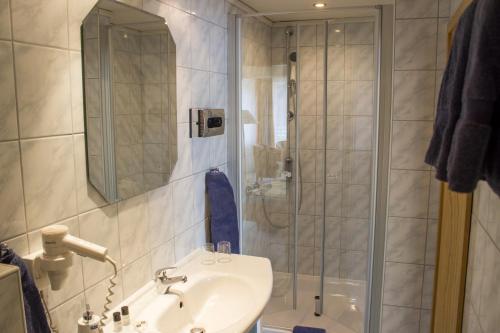 a bathroom with a sink and a glass shower at Hotel Am Friesenstrand in Butjadingen