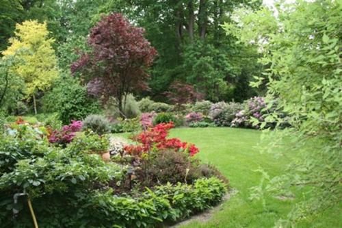 a garden with colorful bushes and flowers in a yard at Ferienhof Wroge in Wietzendorf