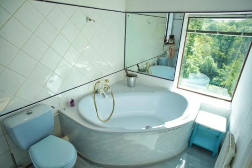 a bathroom with a tub and a toilet and a window at Pyrénées Hideaway in Bénac