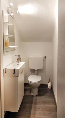 a bathroom with a white toilet and a sink at Casa Lin in Celle Ligure