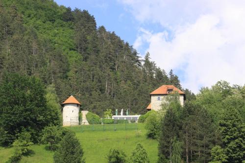 two buildings in a field in front of a mountain at Na Kopitarjevi in Laško