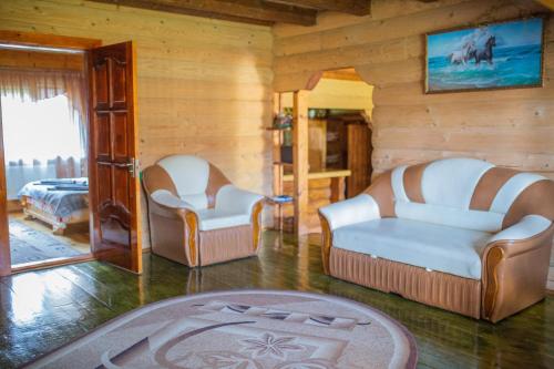 a living room with two chairs and a bed at Lucy in Yaremche