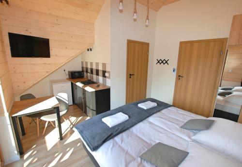 a bedroom with a bed and a desk in a room at Apartamenty Magia Gór in Szczawnica
