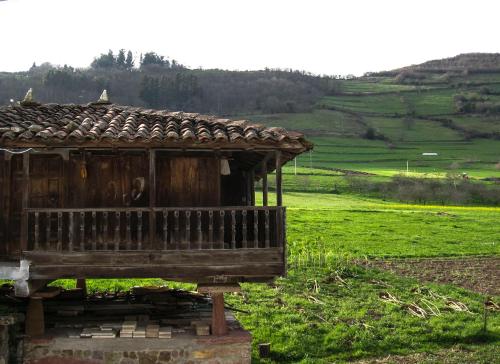 un pequeño edificio de madera en un campo de césped en Hotel Restaurante Casa Pipo, en Tuña