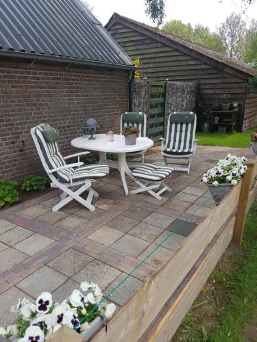three chairs and a table on a patio at B&B de Panheide in Hooghalen