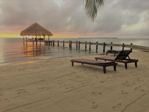 two benches sitting on a beach with a pier at Maya Beach Hotel in Maya Beach