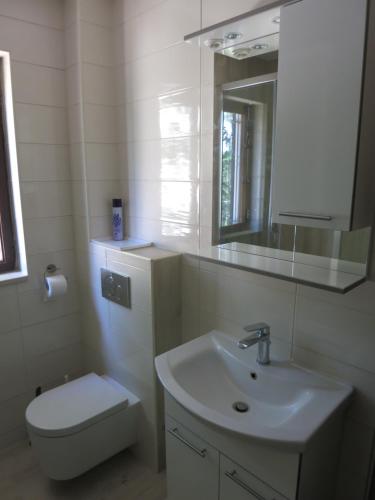 a bathroom with a sink and a toilet and a mirror at Apartment Stella in Malinska