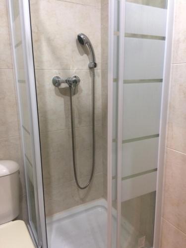 La salle de bains est pourvue d'une douche avec une porte en verre. dans l'établissement Apartamento Mon Chéri, à Malaga