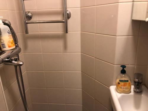 un bagno con doccia e lavandino di Sharm Sweet Studio City Center Kamppi 49 Kalevankatu a Helsinki