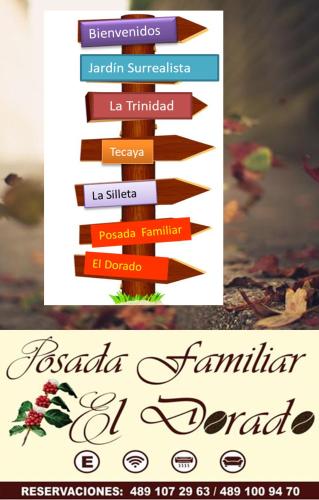 a flyer for a restaurant with a sign with flowers at Posada Familiar El Dorado in Xilitla