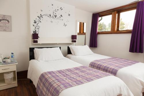 two beds in a room with purple curtains at Breeze Guest House in Bootle