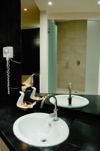 a bathroom counter with a sink and a mirror at Hotel Porto Novo in Veracruz