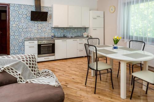 a kitchen and dining room with a table and chairs at Między Zdrojami in Rymanów