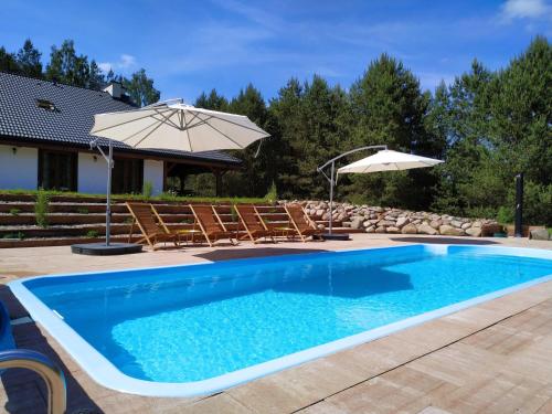 a swimming pool with chairs and an umbrella at Majątek Morgi in Suchowola
