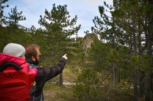 a man pointing at a rock in a forest at KIŽIN House, Cozy apartments by Istrian Embrace in Brezovica pri Gradinu