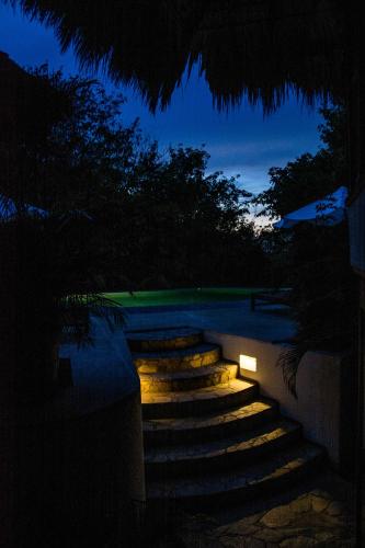 a group of stairs with lights at night at El Alquimista Yoga Spa in Zipolite
