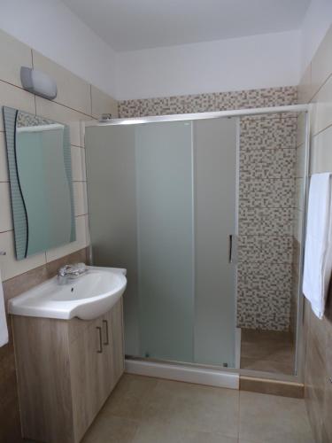 a bathroom with a shower and a sink and a mirror at Proteas Mare Suites in Protaras