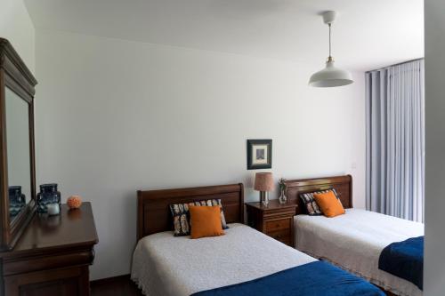 a bedroom with two beds and a mirror at Casa Guarda Rios - São Pedro do Sul in São Pedro do Sul