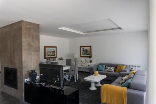 a living room with a couch and a tv at Casa Guarda Rios - São Pedro do Sul in São Pedro do Sul