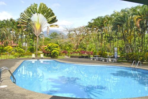a swimming pool with a palm tree in the background at Hotel Arenal Country Inn in Fortuna