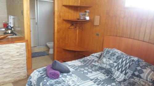 a bedroom with a bed with purple pillows on it at Cabañas Maria Hau in Hanga Roa