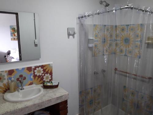 W łazience znajduje się umywalka i prysznic. w obiekcie Hacienda Cafetera La Gaviota w mieście Chinchiná