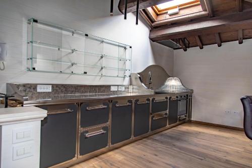 a kitchen with stainless steel cabinets and glass shelves at B&B Residenza San Giorgio in LʼAquila