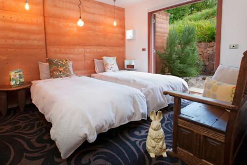 a bedroom with two beds and a cat sitting on the floor at Eco Villa Mt. Beauty-Near Falls Creek & Bright in Mount Beauty