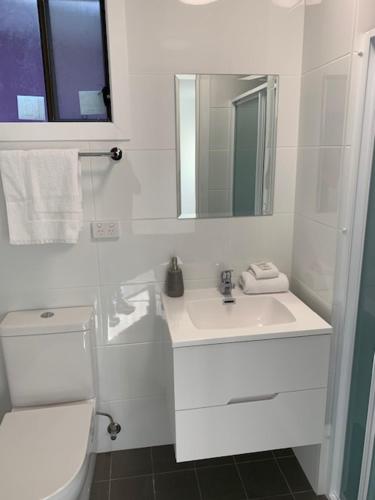 a bathroom with a sink and a toilet and a mirror at Huskisson Beach Escape in Huskisson
