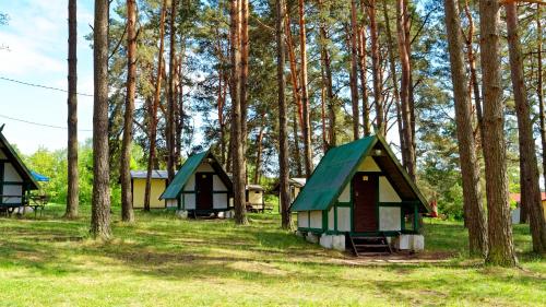 zwei kleine Häuser mit grünen Dächern in einem Wald in der Unterkunft Stanica Wodna Spychowo in Spychowo