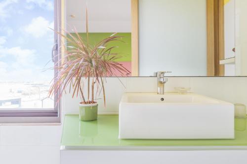 a bathroom sink with a potted plant next to a window at Seaway in Magong