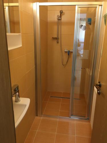 a bathroom with a shower with a tub and a sink at Penzión Petrov grunt in Košúty