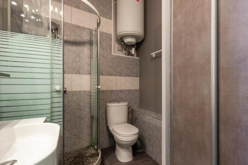 La salle de bains est pourvue de toilettes, d'un lavabo et d'une douche. dans l'établissement Au Vallon -Terrasse de Rêve sur le Vieux Port, à Marseille