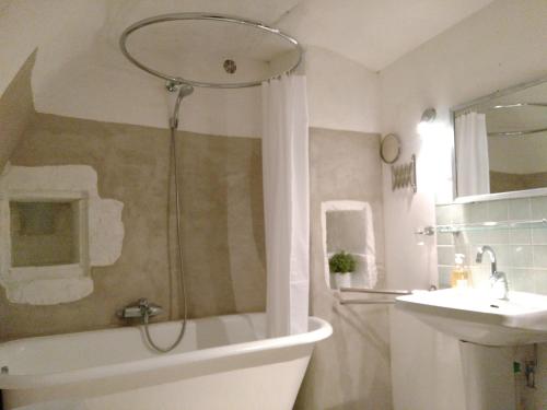 uma casa de banho com um chuveiro, uma banheira e um lavatório. em Studio - Fontaine em Saint-Paul-Trois-Châteaux