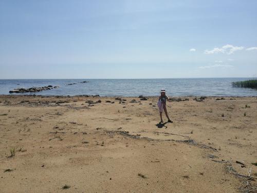 a woman walking on the beach near the water at Rähni Guesthouse Lake Peipsi in Vilusi