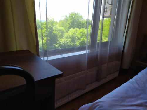 a bedroom with a window with a view of trees at Chateau Chikovani in Gordi