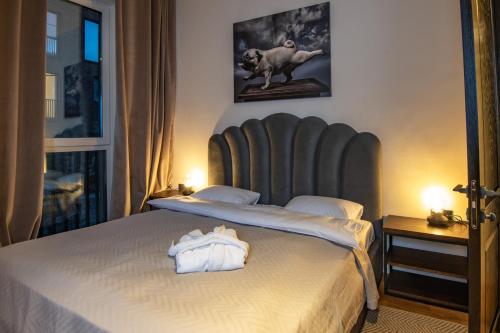 a bedroom with a bed with a dog on it at Warm House Apart Hotel in Almaty