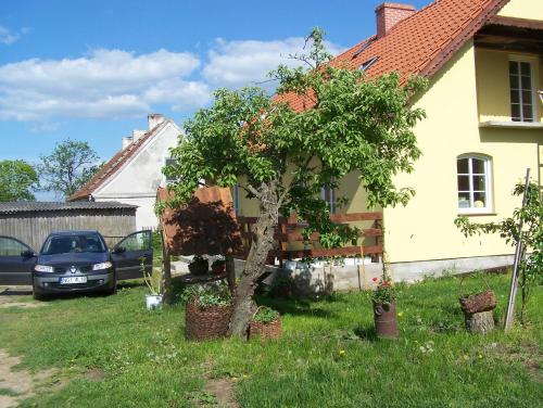 a tree in a yard next to a house at Apartament Wrzos in Ryn