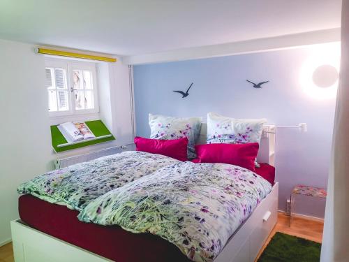 1 dormitorio con 1 cama grande con almohadas rosas en Kassel en Kassel