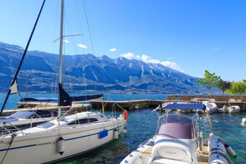 a group of boats docked in a harbor with mountains at Hotel Cristina in Limone sul Garda