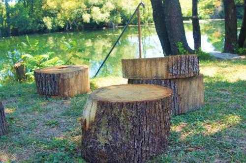a group of tree stumps sitting in the grass at Apartments Korana, BelajskePoljice in Duga Resa