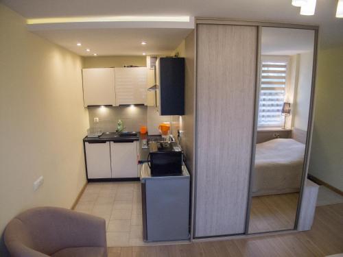 a small room with a kitchen and a bedroom at Studio Park Saski 1 & 2 in Sandomierz
