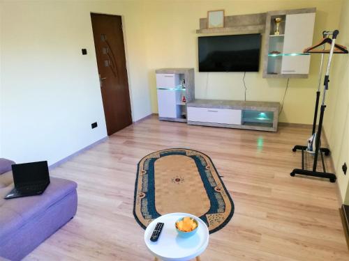 ein Wohnzimmer mit einem Sofa und einem Tisch in der Unterkunft M Apartment aproape de plaja in Mangalia