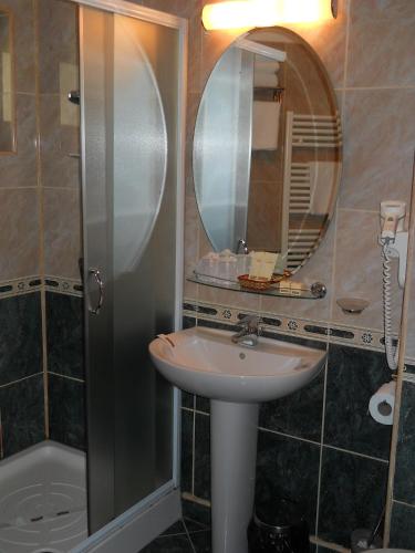 a bathroom with a sink and a shower and a mirror at Casa Domneasca in Curtea de Argeş