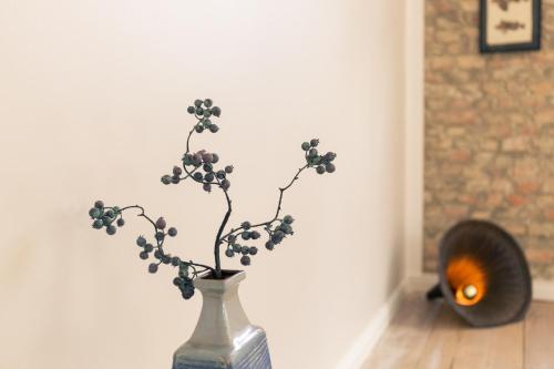 a vase with a plant in the corner of a room at OSTKÜSTE - Villa Albatros Design Apartments in Ahlbeck