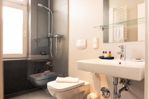a bathroom with a sink and a toilet and a shower at OSTKÜSTE - Villa Albatros Design Apartments in Ahlbeck